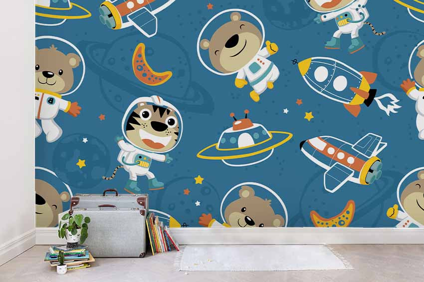 3D Cartoon Animal Spaceman Rocket Wall Mural Wallpaper A209 Lqh