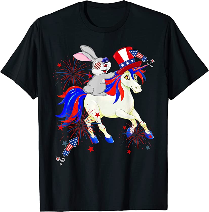 Pride American Flag Bunny Riding Unicorn Happy 4th Of July T-Shirt