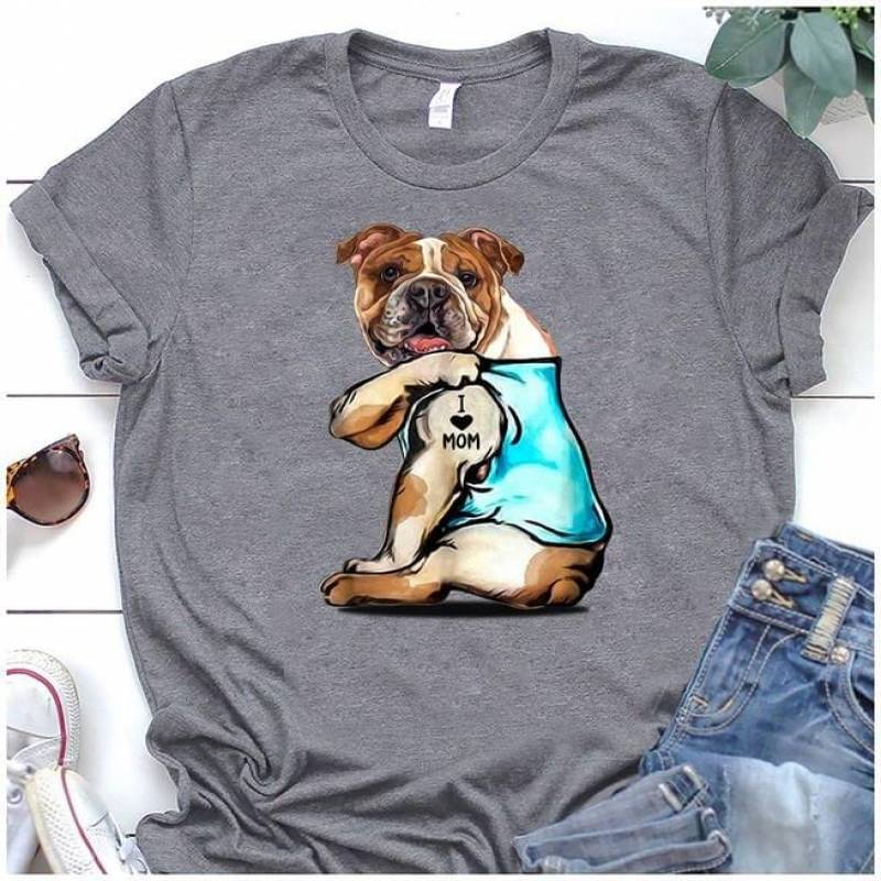 Olde English Bulldogge With I Love Mom Tattoo Old English Bulldog Mum Lovely Puppy Adorable Gift For Olde English Bulldogge Mothers Gray Men And Women T Shirt S-5Xl