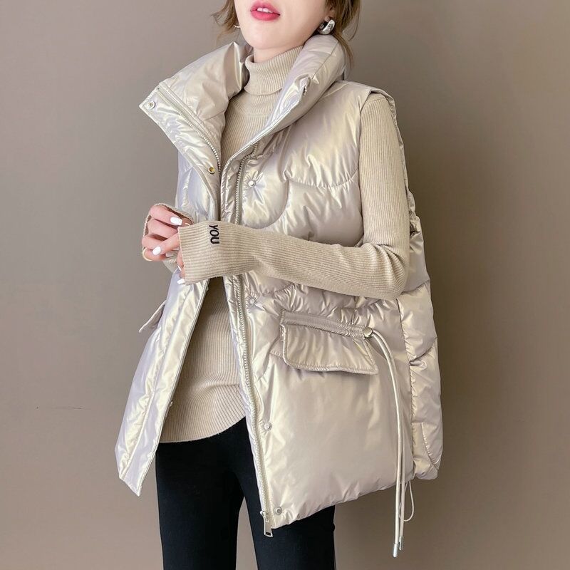 Autumn Elegant Women Stand Collar Cotton Padded Vest 2022 Winter Warm Female Sleeveless Jacket Solid Casual Fashion Coat Vests alx