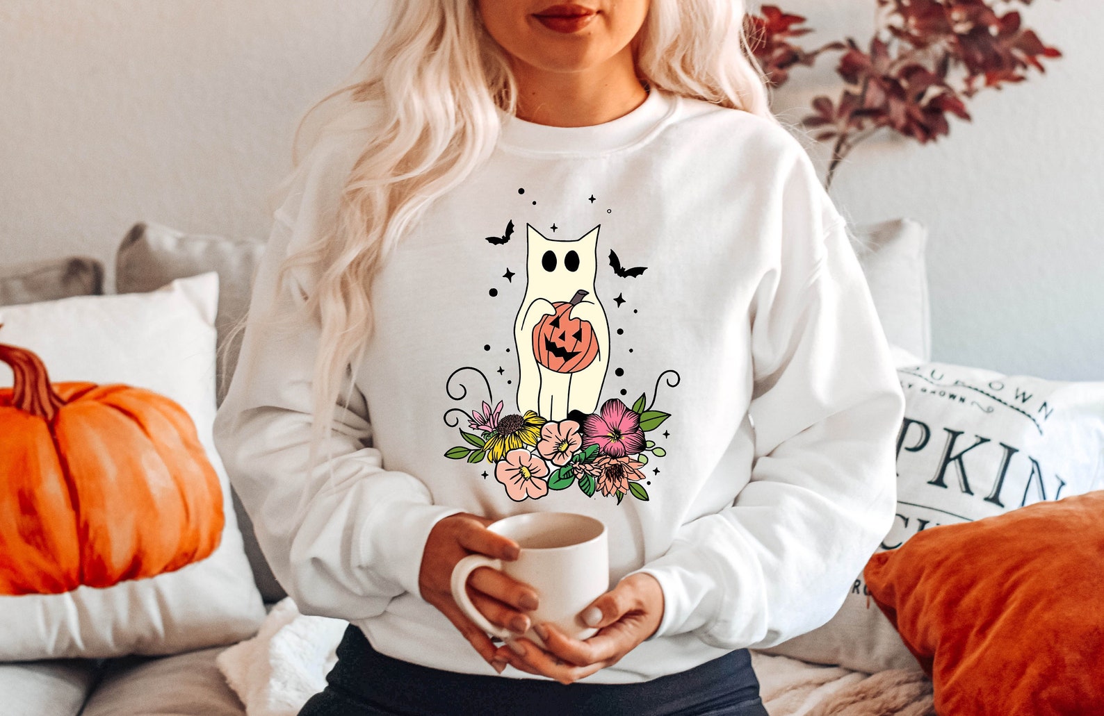 Halloween Cat Halloween Sweatshirt 2D Crewneck Sweatshirt All Over Print Sweatshirt For Women Sweatshirt For Men Sws3836