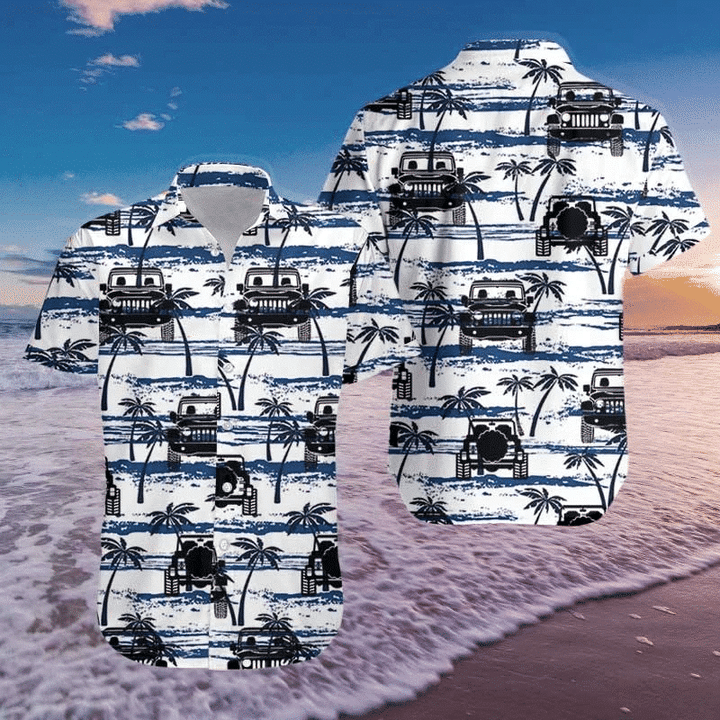 Jeep With Palm Tree Pattern Blue And White Theme Hawaii Shirt Ha85589