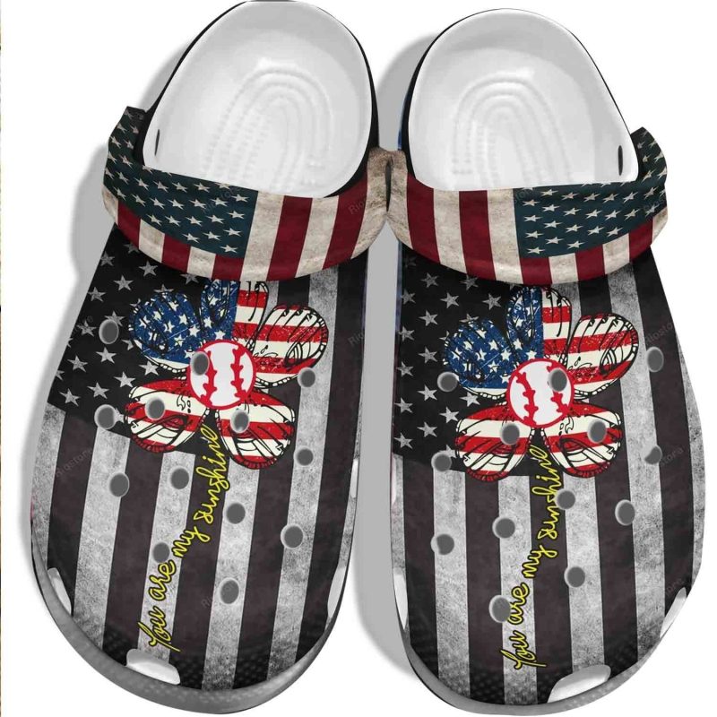 Usa Flag Flower Baseball My Sunshine Shoes Clogs 4Th Of July Gift