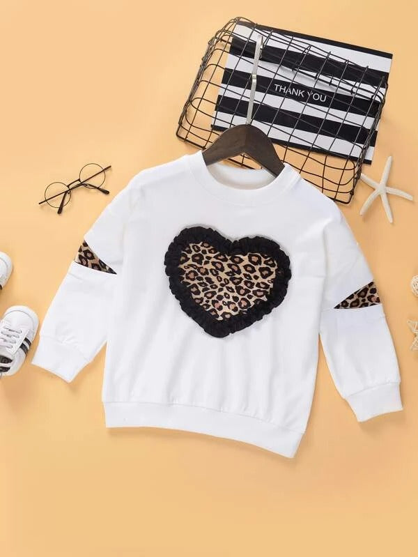 Toddler Girls Leopard Panel Frill Heart Sweatshirt