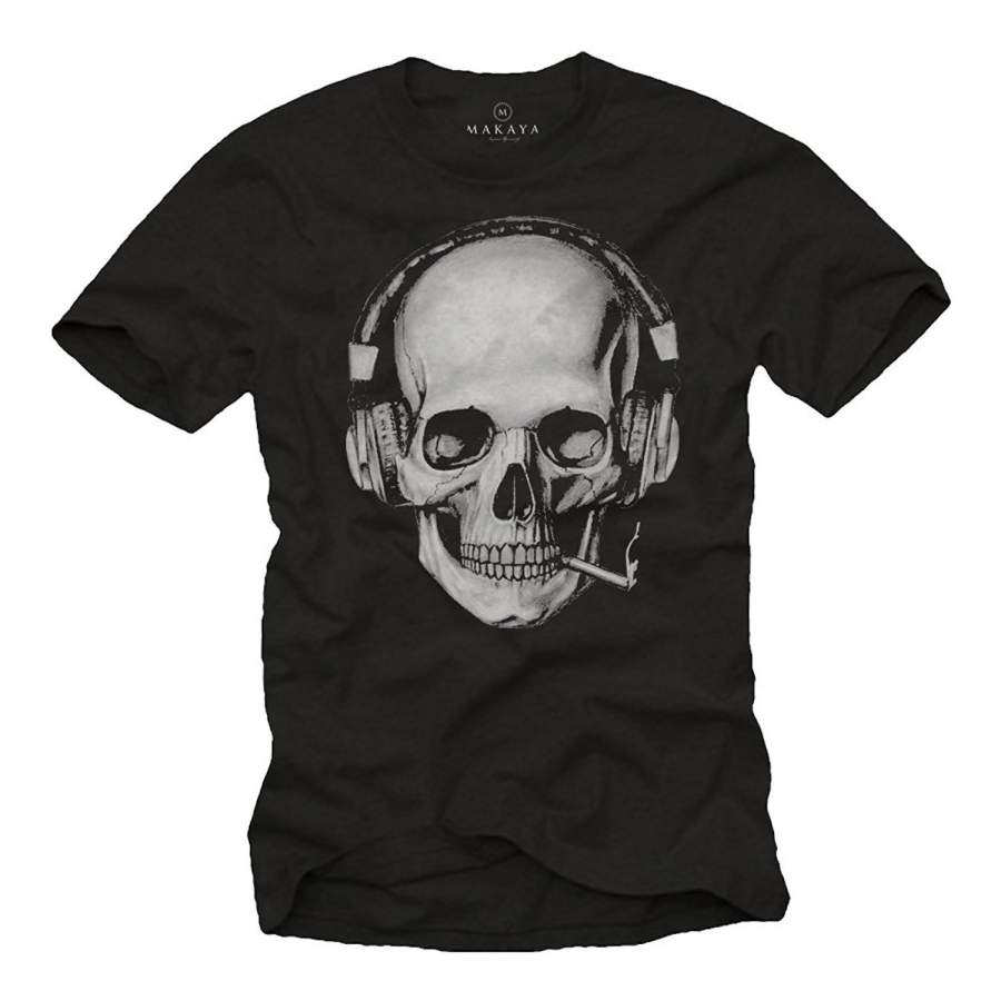 Vintage Gothic Clothing – Smoking Skull T-Shirt With Headphones Funny T-Shirt For Men