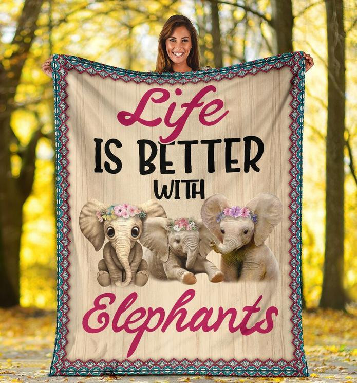 Elephants Life Is Better Flower Wood Fleece Blanket