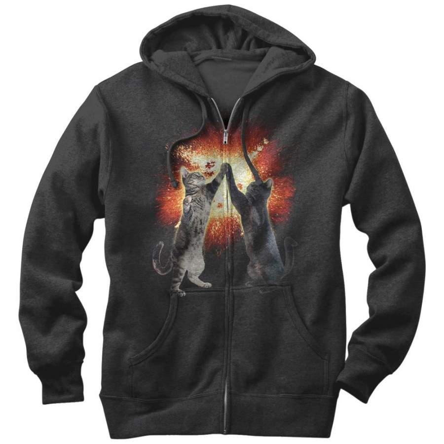 Lost Gods Men’s Cat High Five Explosion  Lightweight Zip Hoodie Black