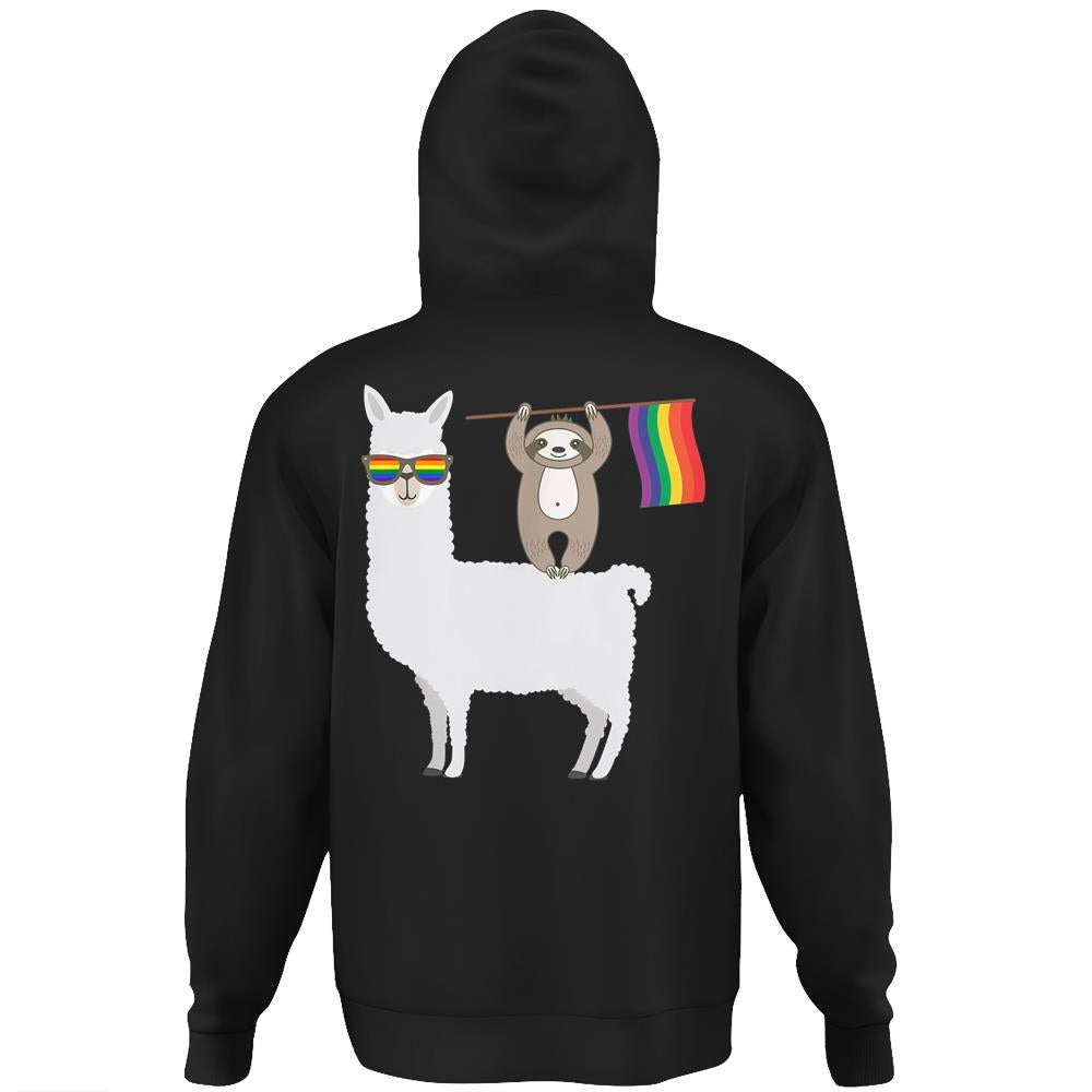 Lgbt Sloth Riding A Llama Gay Pride Lesbian Rainbow Hoodie Print On Back