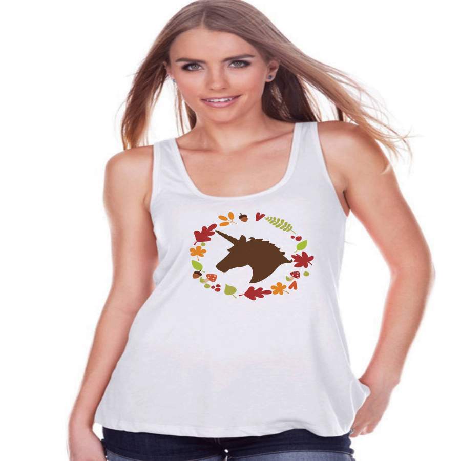 Women’s Unicorn Shirt – Fall Leaves Wreath Unicorn – Autumn Unicorn Tank – Womens White Tank Top – Cute Fall Unicorn Shirt – Gift for Her