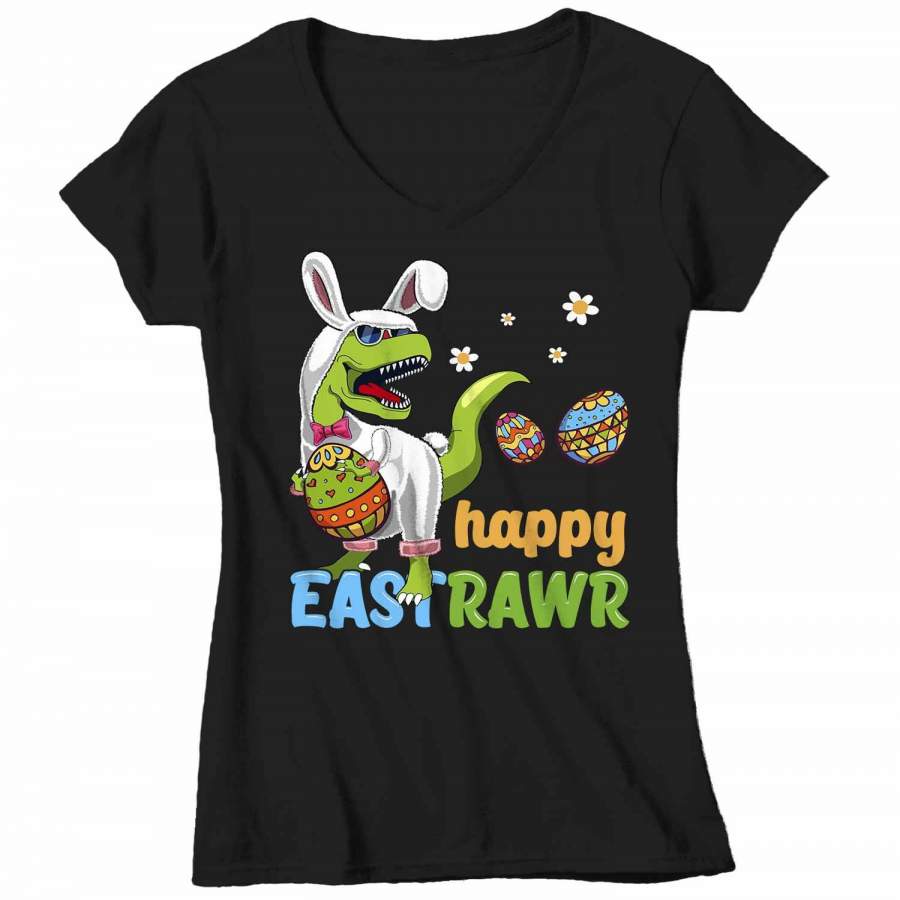 Women’s V-Neck Funny Easter T Shirt T Rex Easter Bunny Shirt Happy Eastrawr Shirt Funny Dinosaur Easter Shirt Rawr Shirt