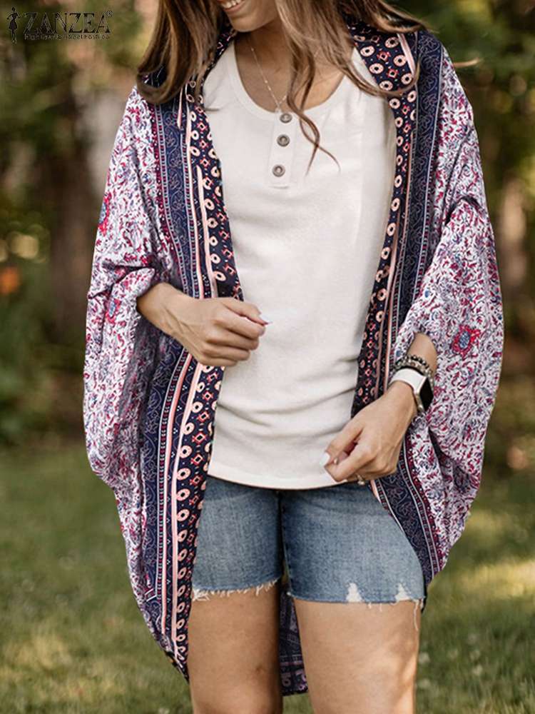 ZANZEA Summer Elegant Floral printed Women Cardigan Long Bat Sleeve Cover Up Kimonos Shirt Casual Holiday Beach Bluisas Tops alx