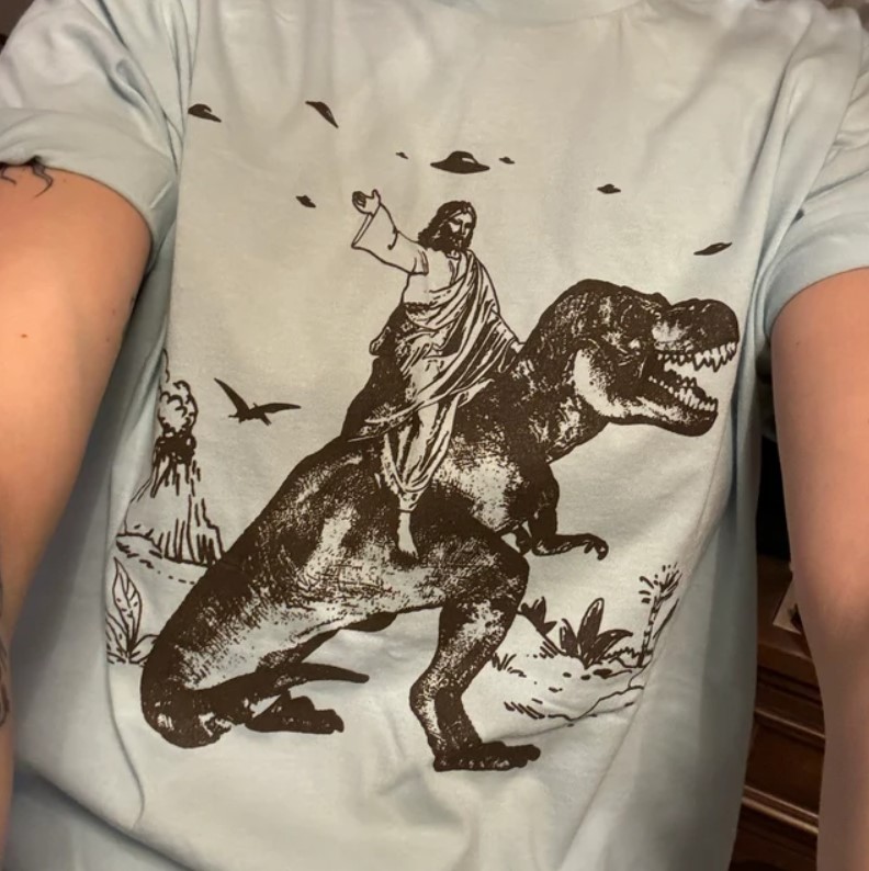 UFO Jesus Riding Dinosaur Tee Shirt Outfits