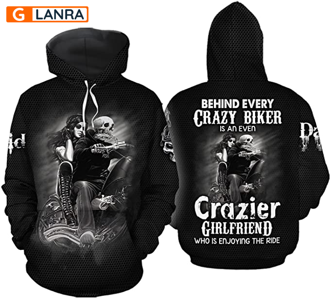 Personalized Behind Every Crazy Biker Is An Even Crazier Girlfriend Hoodie, Custom Skull Biker Couple Hoodie, Husband Wife Unisex Sweater, Sweatshirt