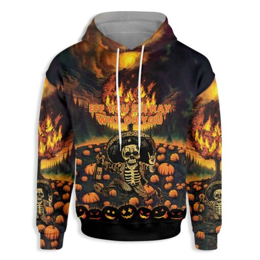 The Burning Pumpkin Sky & Skeleton Halloween All Over Print Hoodie For Men & Women, Spooky Hoodie Gift For Halloween Day