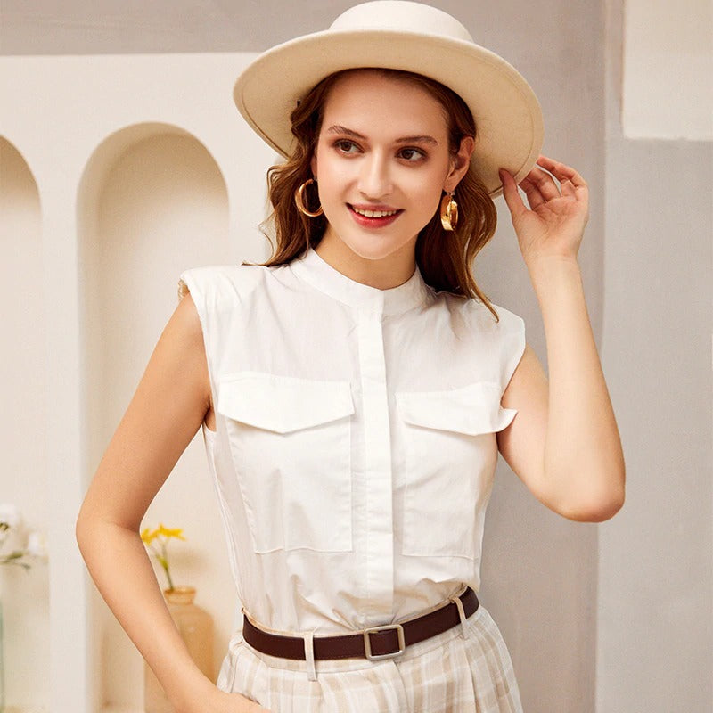 Solid White Summer Pocket High Fashion Plus Size Sleeveless Blouse Shirts