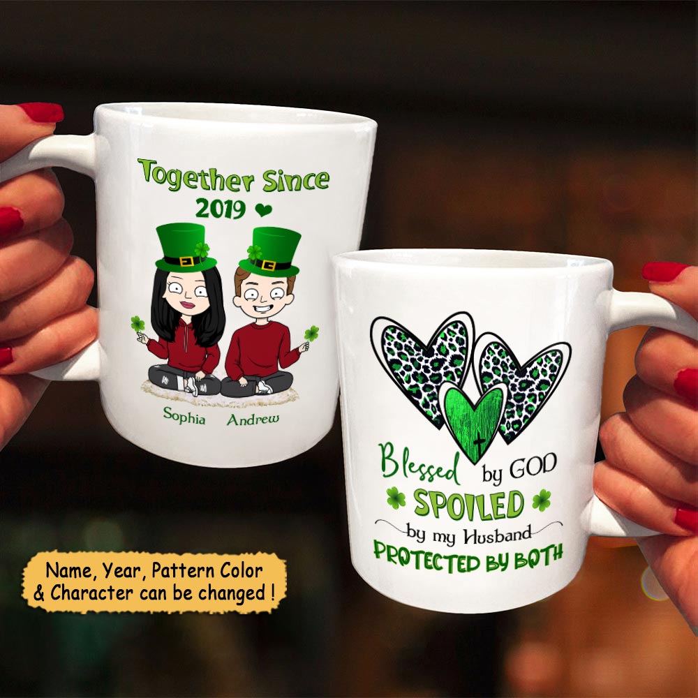 Blessed By God Spoiled By My Husband Protected By Both, Personalized Leopard Pattern Mug For Couples, Patrick’S Day Gift, Hg98, Huts