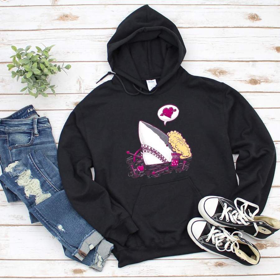 Valentines cupid shark pink lovers heart icon couple funny present black hoodie for men and women S-5XL