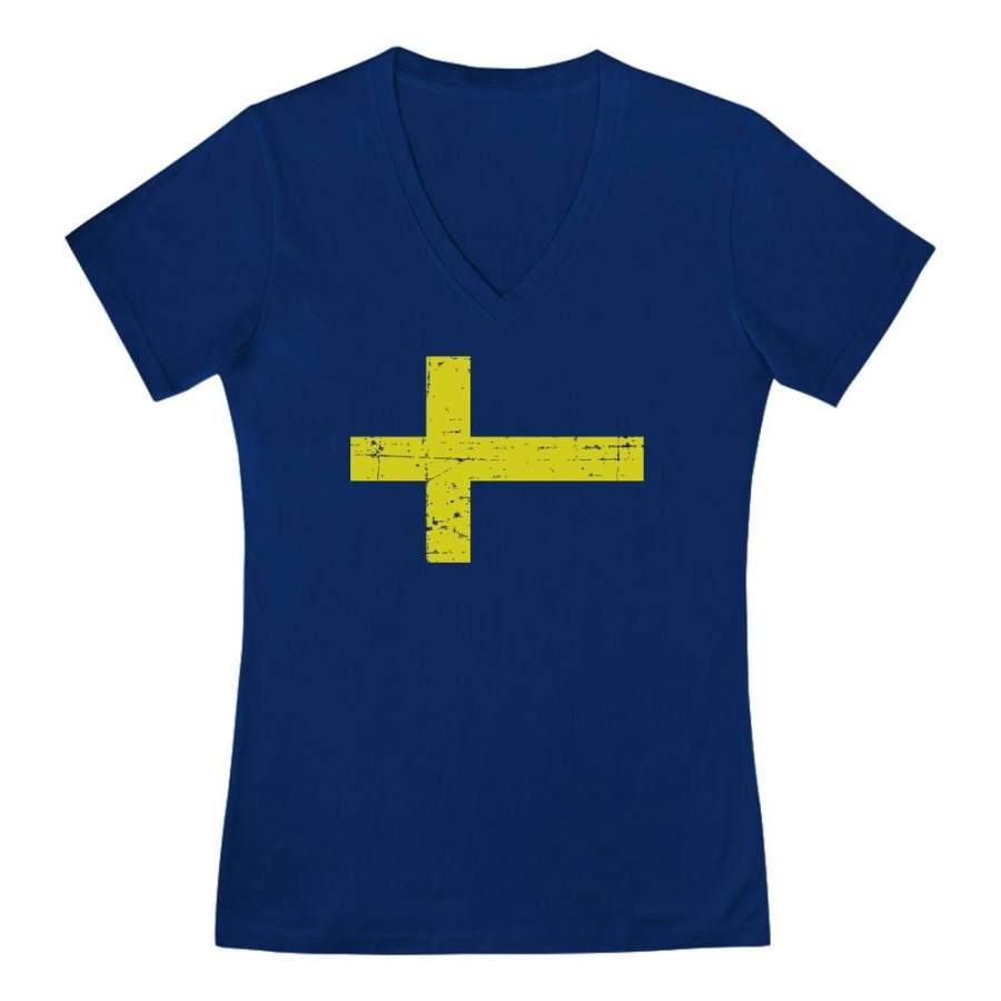 Vintage Sweden Flag V-Neck Fitted Women T-Shirt