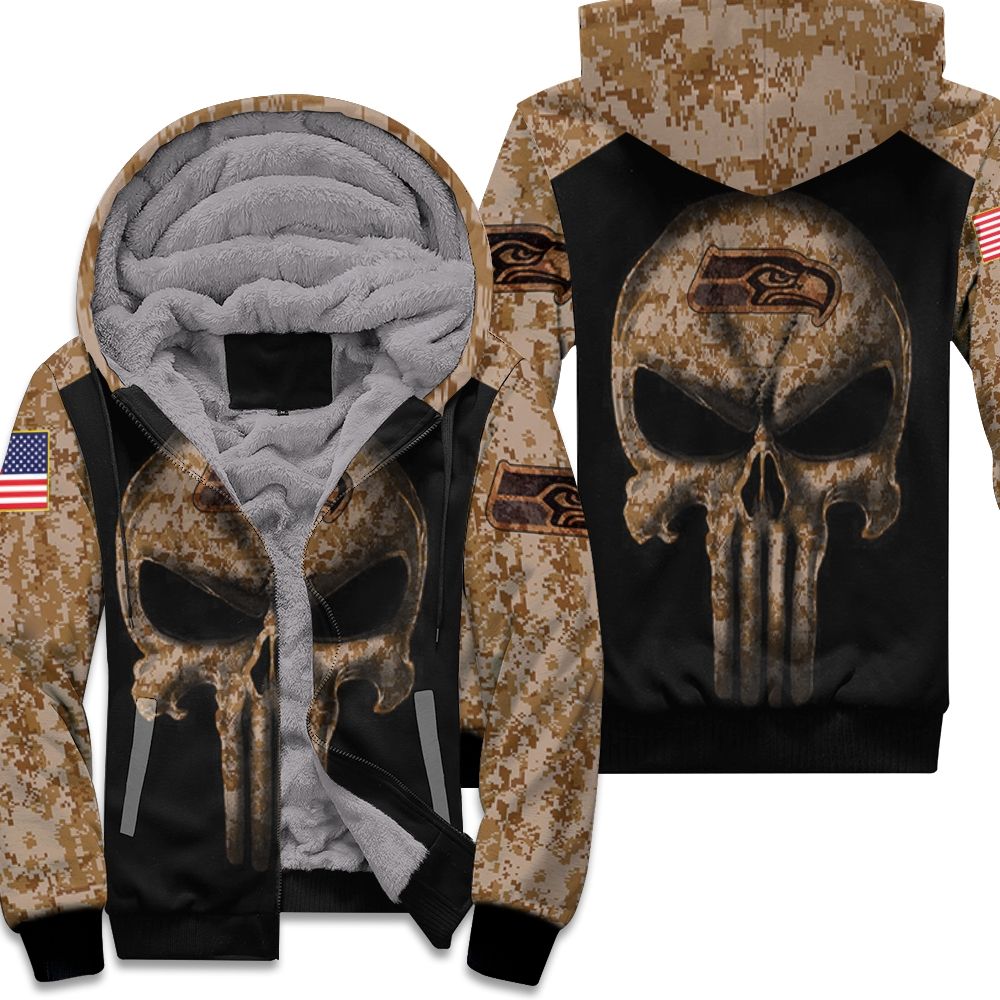 Camouflage Skull Seattle Seahawks American Flag Fleece Hoodie