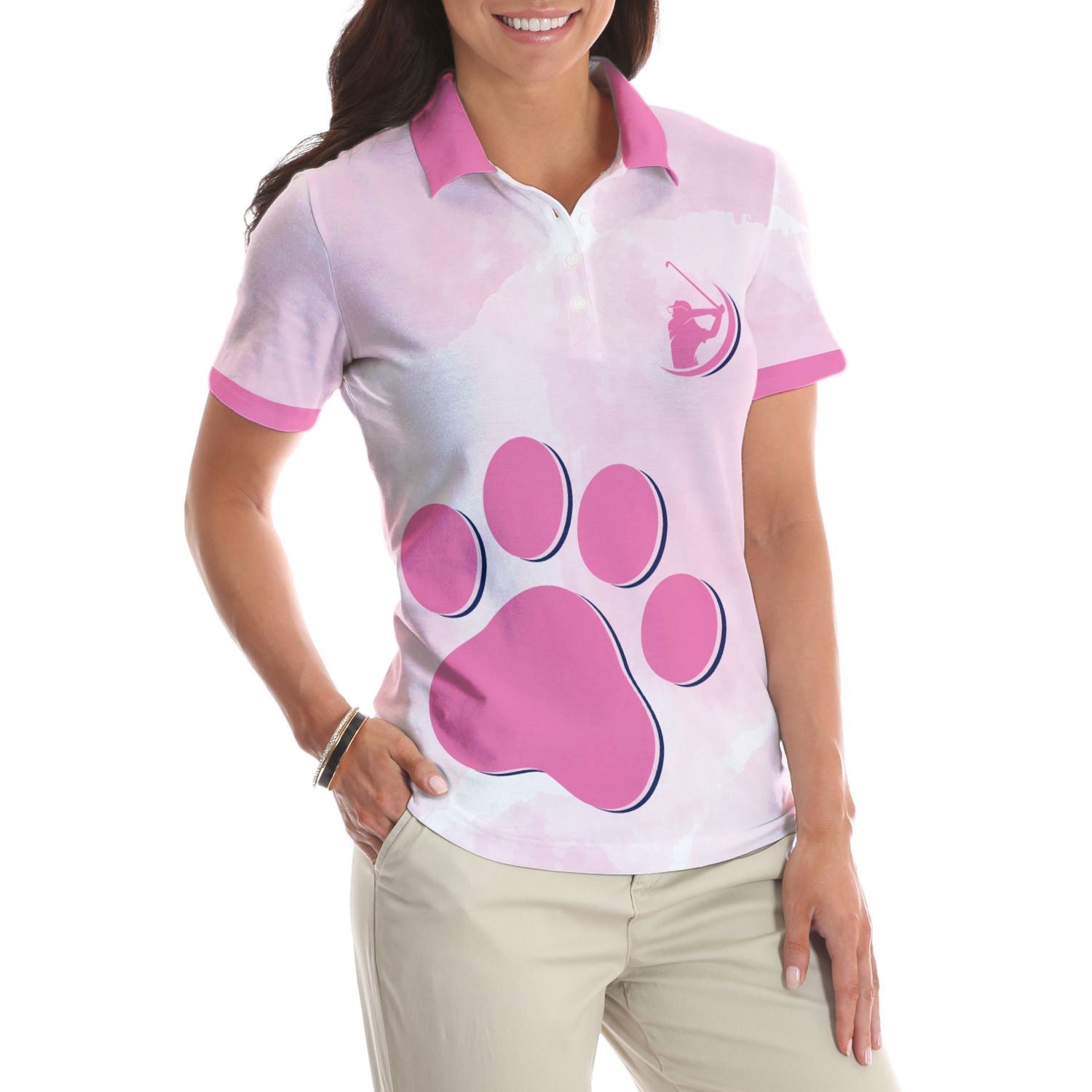 Never Underestimate A Cat Mom Golf Girl V2 Short Sleeve Women Polo Shirt, Pink Paw Pattern Golf Shirt, Golf Gift For Cat Lovers Coolspod