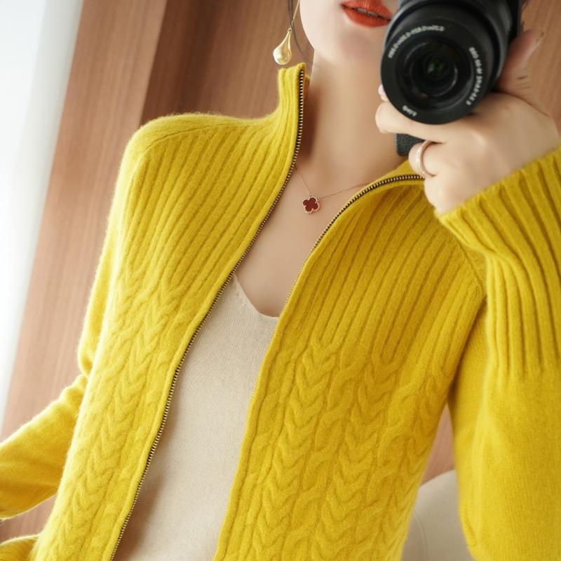 Casual Zipper Sweater Cardigan Women Solid Stand Neck Loose Rib Kink Knitted Slim Sweater Fall Winter Red Female Student Outwear alx