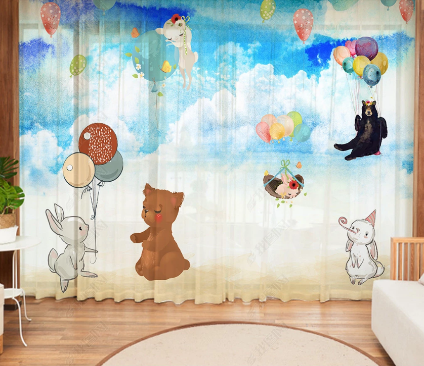 3D Hand Drawn Blue Sky Balloon Animal Curtains And Drapes Lqh 237