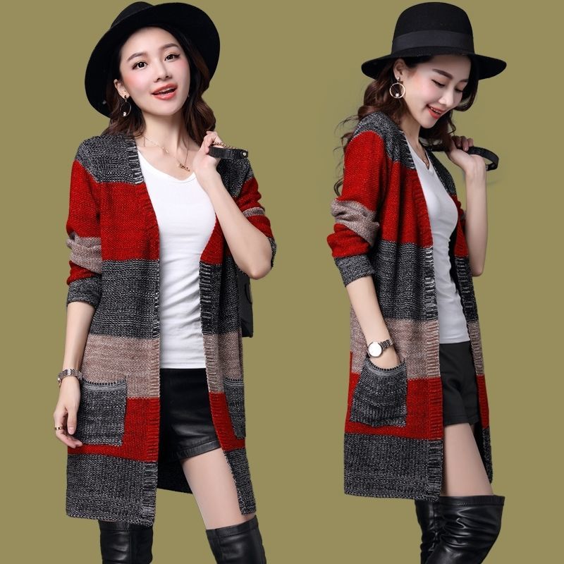 Women Autumn Winter New V Neck Stripe Pocket Sweater Cardigan Loose Korean Fashion Female All-match Knitting Mid-length Sweaters alx