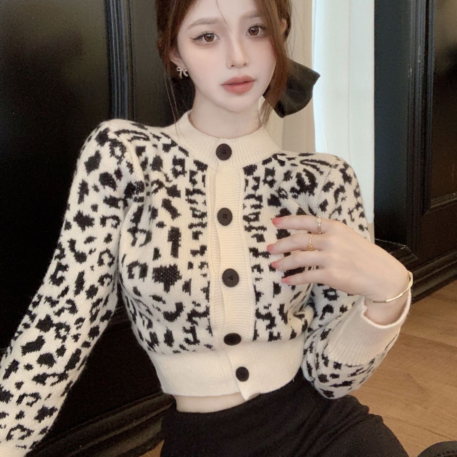 Sueters Pull Fashion High Waist Short Leopard Sweaters Women Autumn Slim Knitted Cropped Cardigan Coat Print Vintage alx