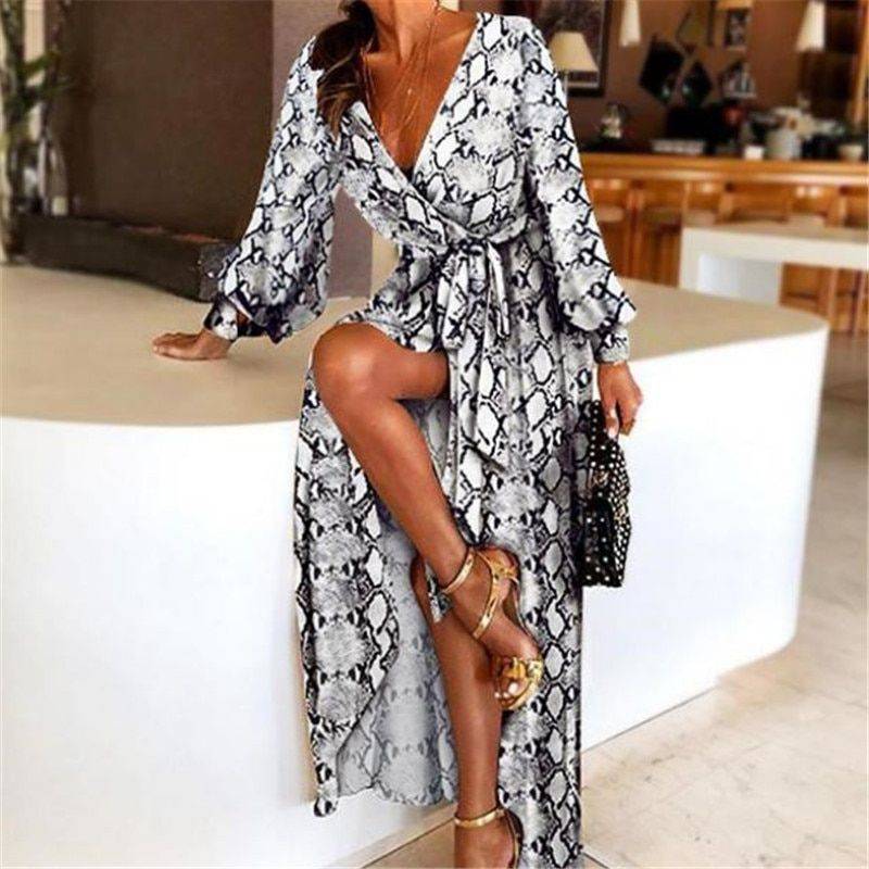 New Fashion Sexy V-Neck Leopard Printed Long Sleeve Long Maxi Dresses