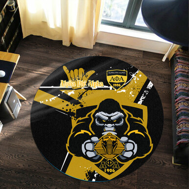 Alpha Phi Alpha Round Rug – Gorilla Fraternity With Hand Sign And Sphinx Splash Style