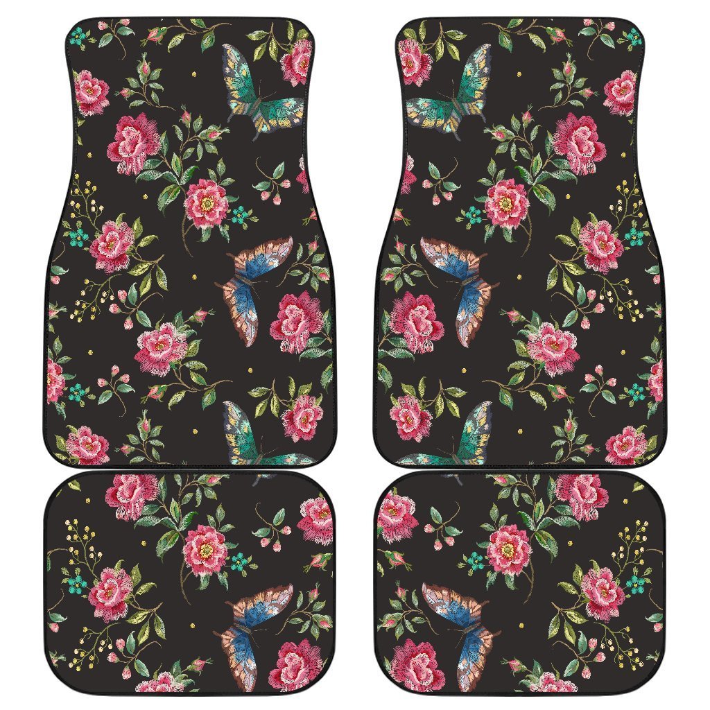 Butterfly And Flower Pattern Print Front And Back Car Floor Mats, Front Car Mat