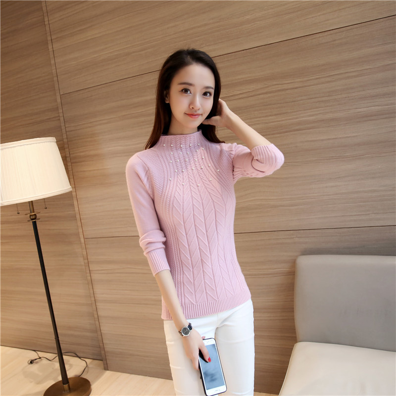 2021 New Korean women slim oblique twist elastic semi fixed bead decoration sleeve head warm turtleneck sweater backing alx