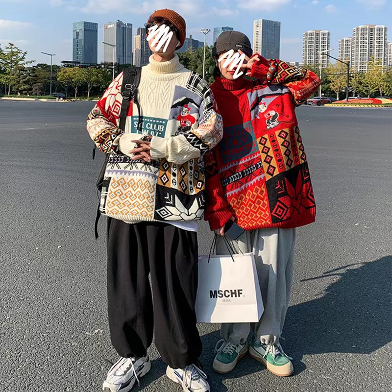 Autumn Winter Sweater Male Trend Personality Christmas Couple Lazy Wind Sweater Loose Round Neck Bear Pattern Wool Top alx