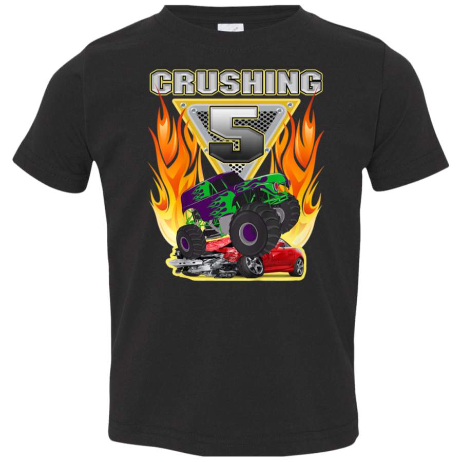 Kids Monster Truck Crushing being 5 Five Years Old 5th Birthday TShirt 3321 Rabbit Skins Toddler Jersey T-Shirt