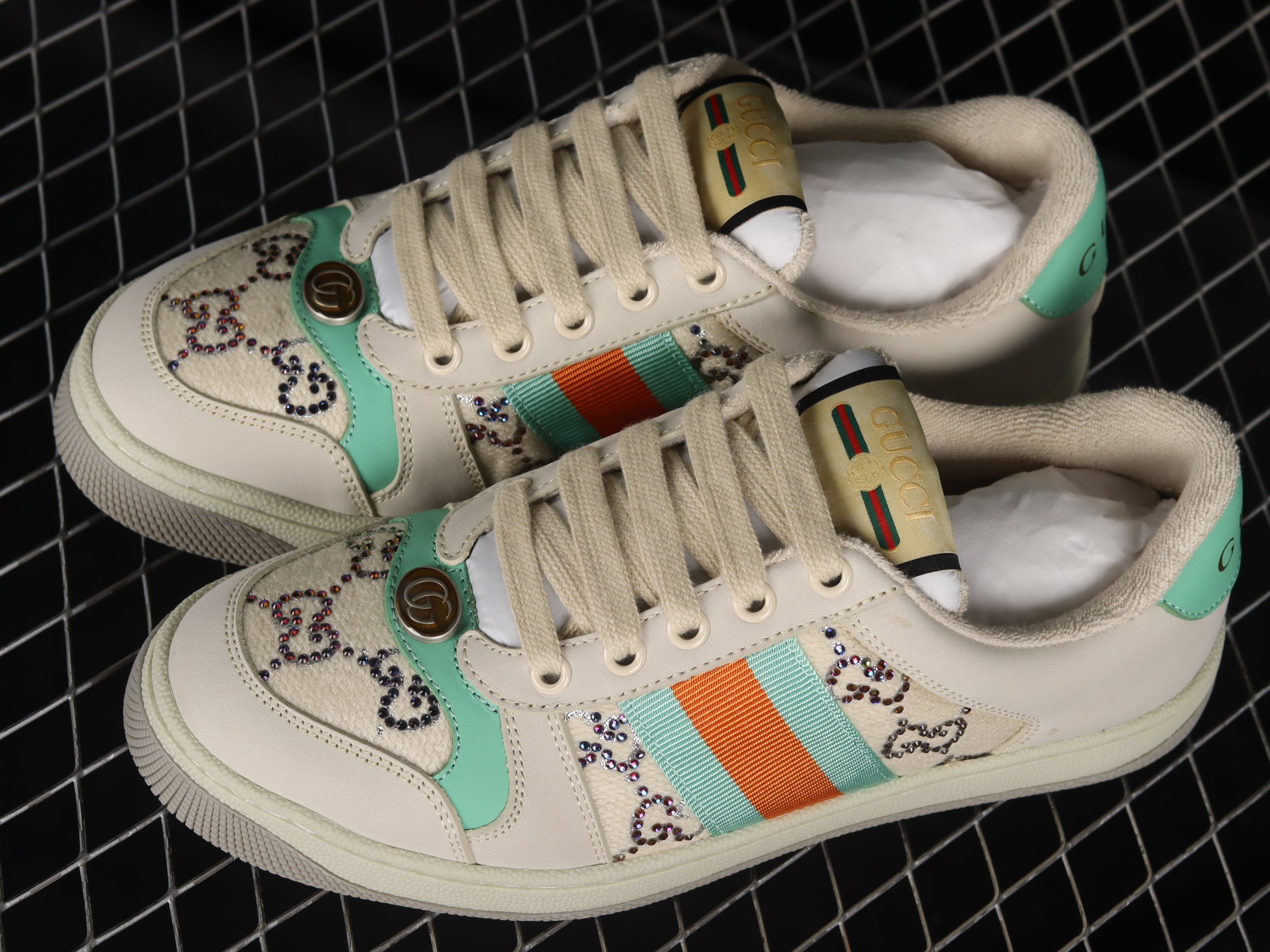 Gucci Screener Beige Fabric With Multicolor GG Shoes Sneakers, Women SNK624185617