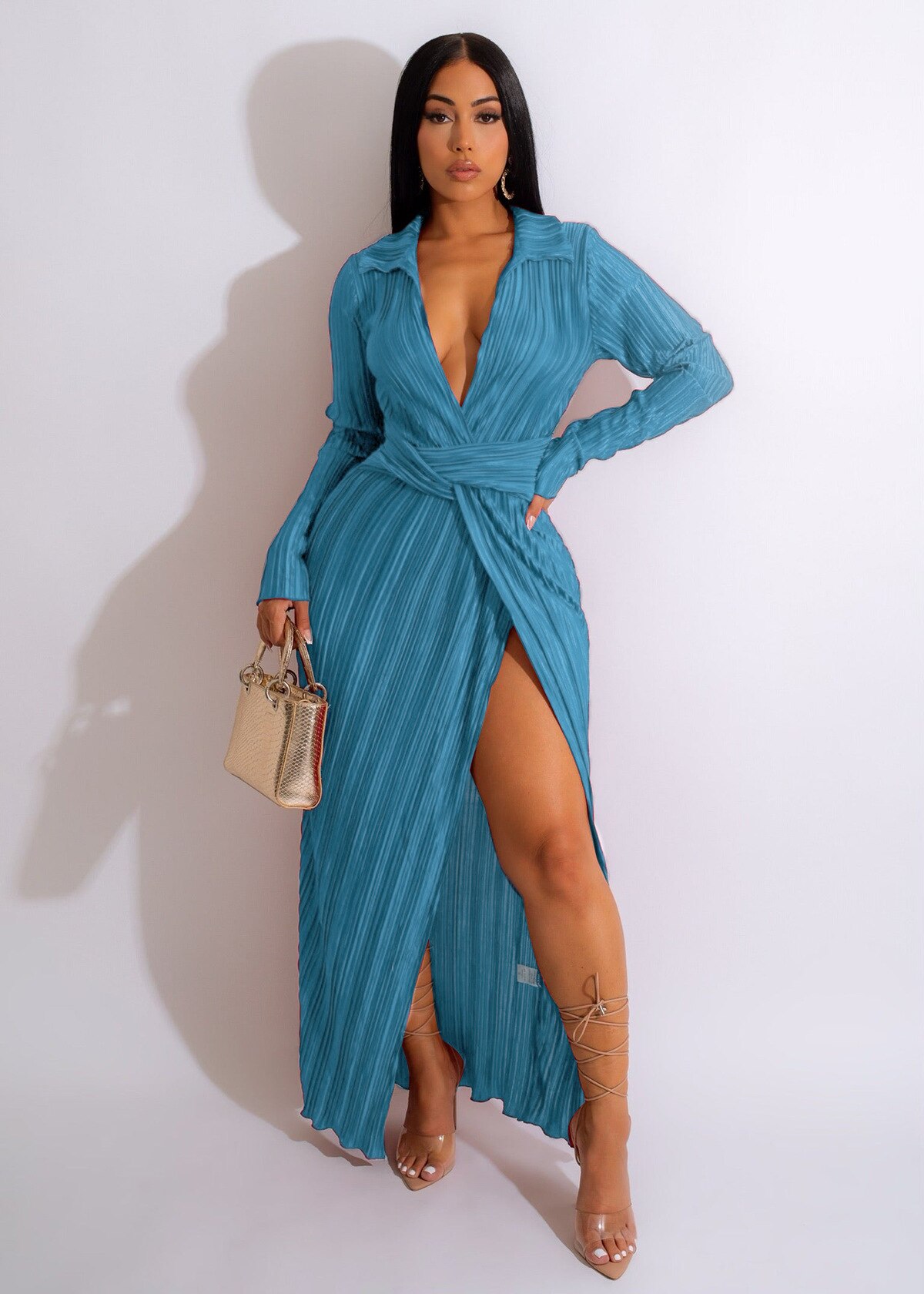 Autumn Deep V-Neck Women’S Elegant Long Sleeve Bodycon Maxi Dresses Female Sexy Pleated Hight Waist Side Split Long Dress 2022 alx