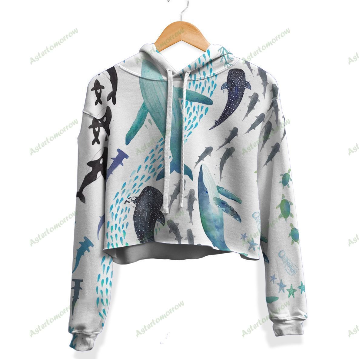 Marine Life Crop Top Hoodie, Sharks And Whales Crop Top Hoodie