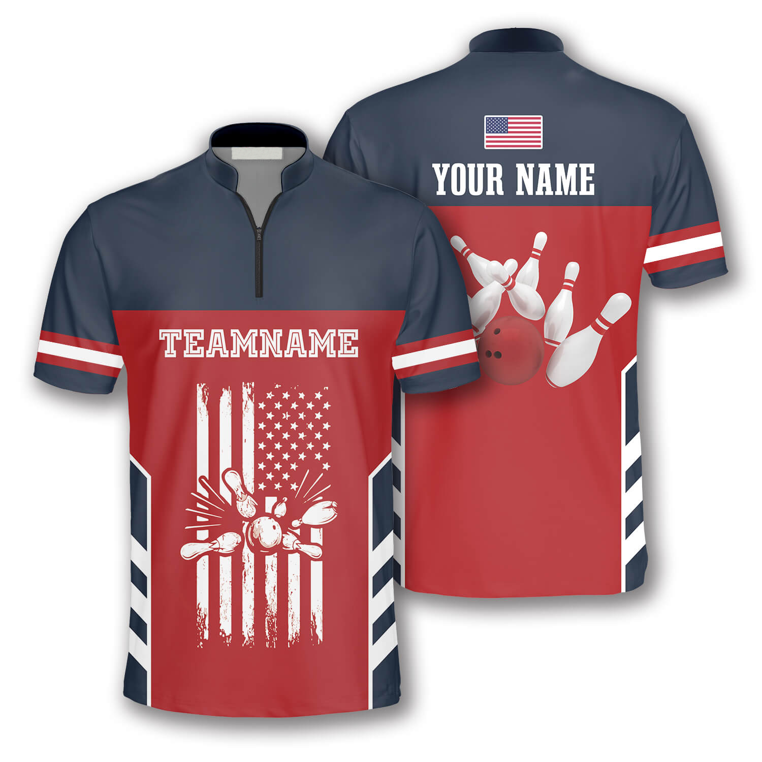 American Flag Red Navy Custom Bowling Jerseys For Men, Personalized Bowling Jersey Shirt, Flag Shirt