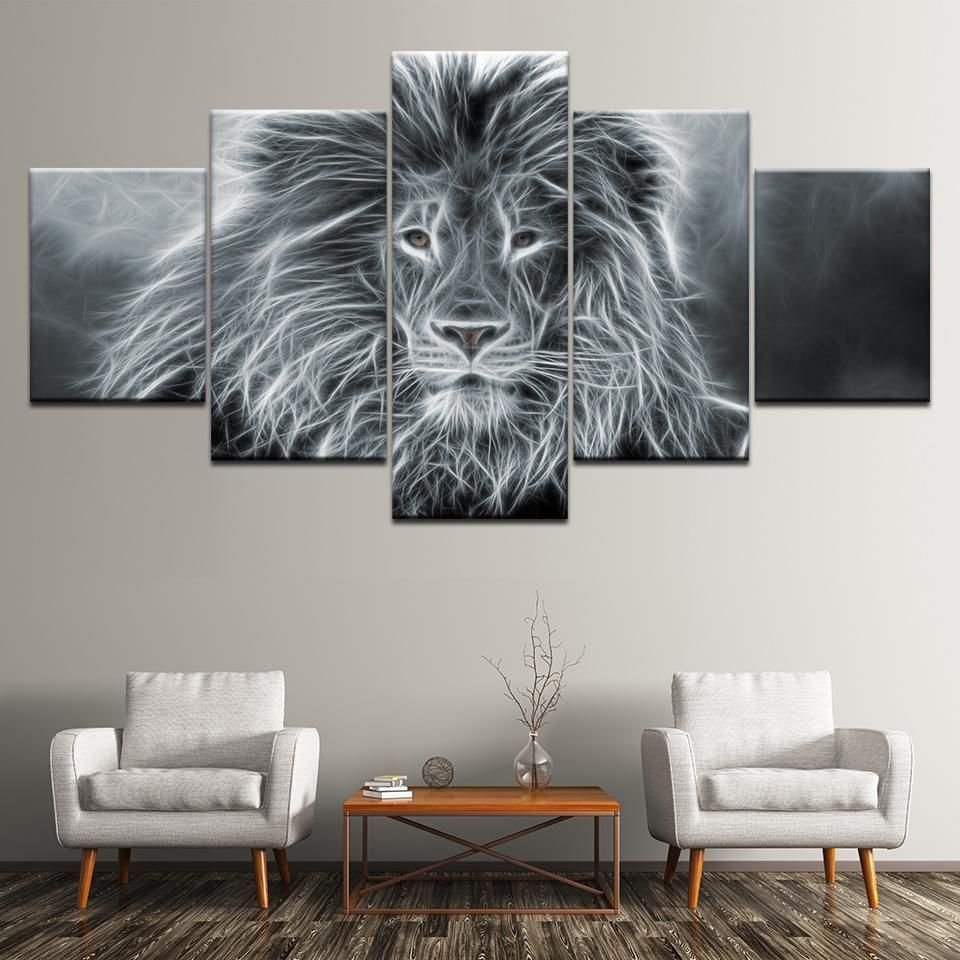 Lion Animal Abstract Black And White Animal 5 Panel Canvas Art Wall ...