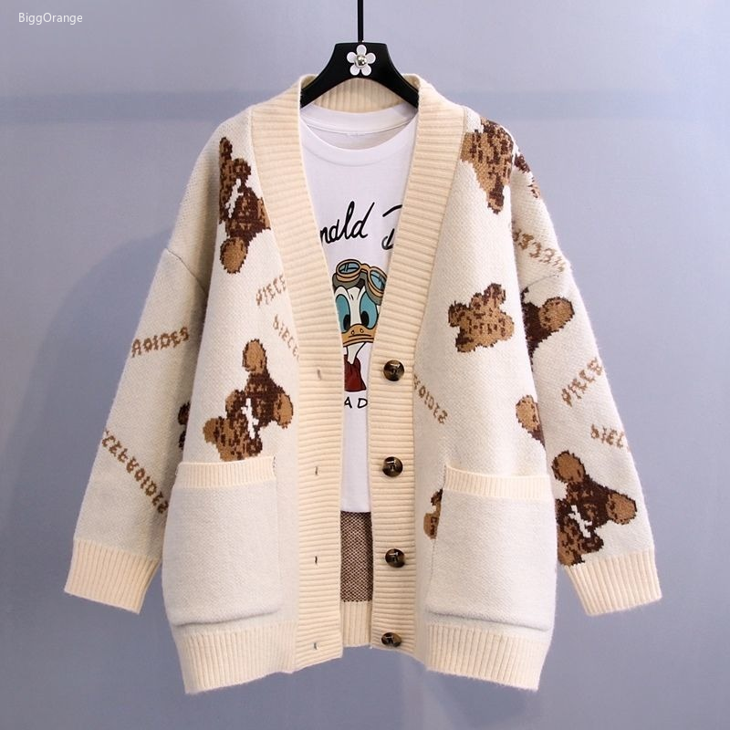 2021 Fashion Cartoon Bears Print Knitted Cardigan Women Autumn Winter V Neck Knit Women Sweater Jacket Oversized Cardigan Tops alx