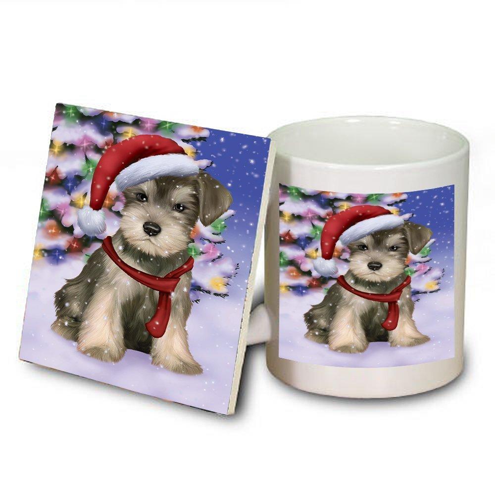 Winterland Wonderland Schnauzers Puppy Dog In Christmas Holiday Scenic Background Mug And Coaster Set