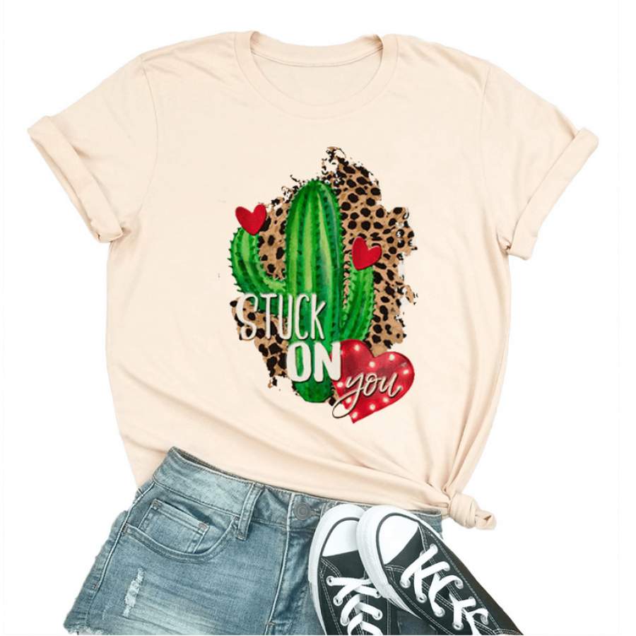 Stuck On You T-shirt Cactus Heart Leopard Graphic Valentine Women Short Sleeve Tops