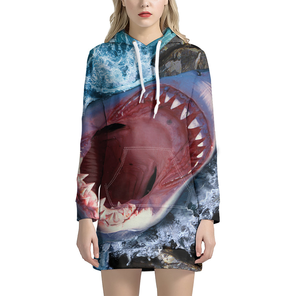 Angry Shark Print Women’S Pullover Hoodie Dress