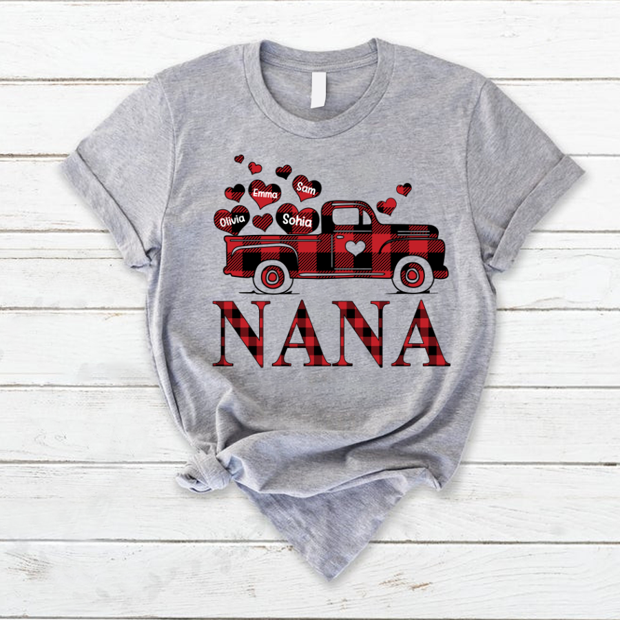 Valentine’S Day Shirt, Nana Truck Red Buffalo Plaid Heart Custom Names T-Shirt