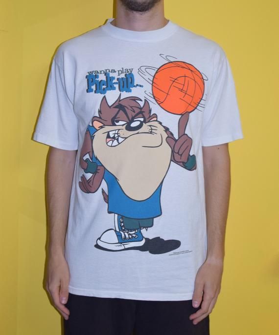 90S Vintage Looney Tunes Shirtedium Large Tasmanian Devil Basketball White Promo Shirt