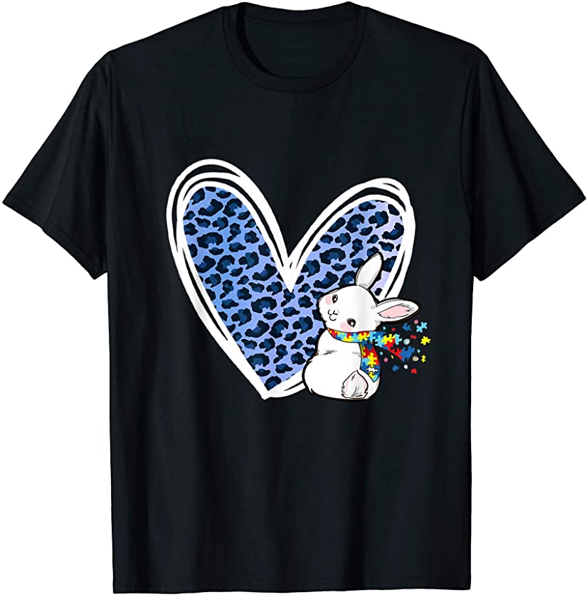 Blue Leopard Heart Easter Bunny Autism Awareness Kids Girls T-Shirt