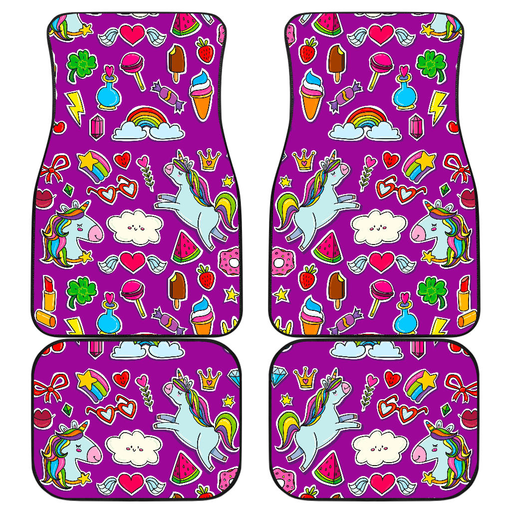 Purple Girly Unicorn Pattern Print Front And Back Car Floor Mats, Front Car Mat