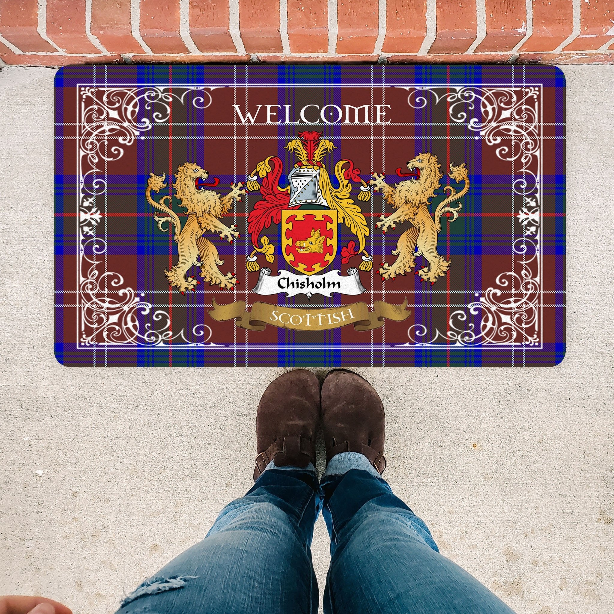 Scotstee Shop Tartan Door Mat The Family Chisholm Hunting Modern Scottish Plaid Doormat, Welcome Mat, Christmas Door Mat