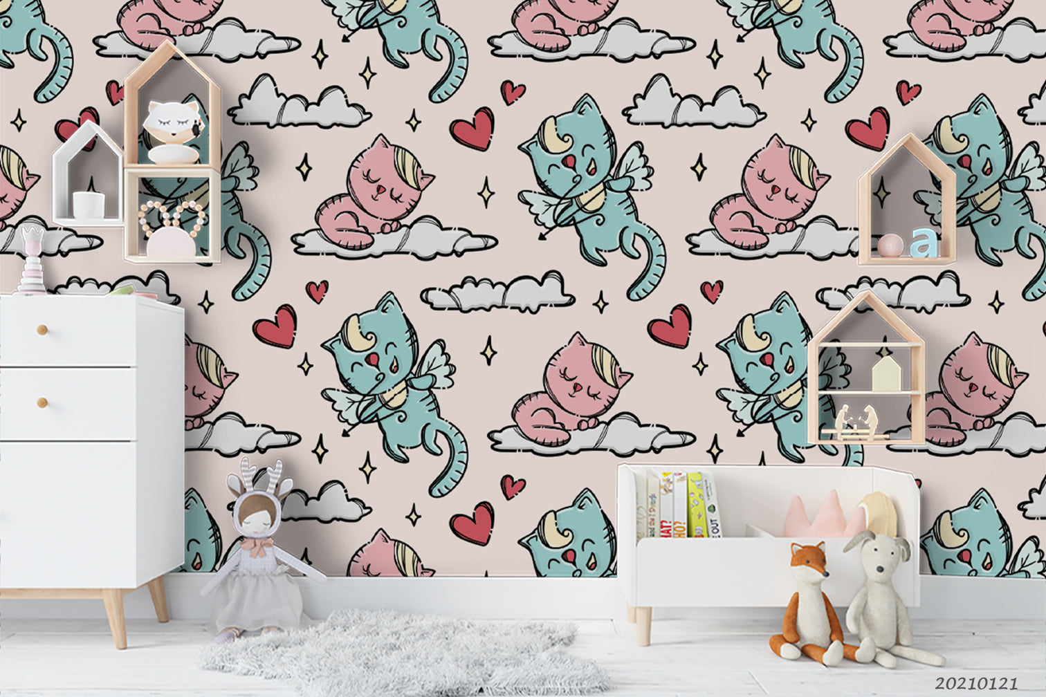 3D Hand Drawn Animal Cat Cloud Wall Mural Wallpaper Lqh 19