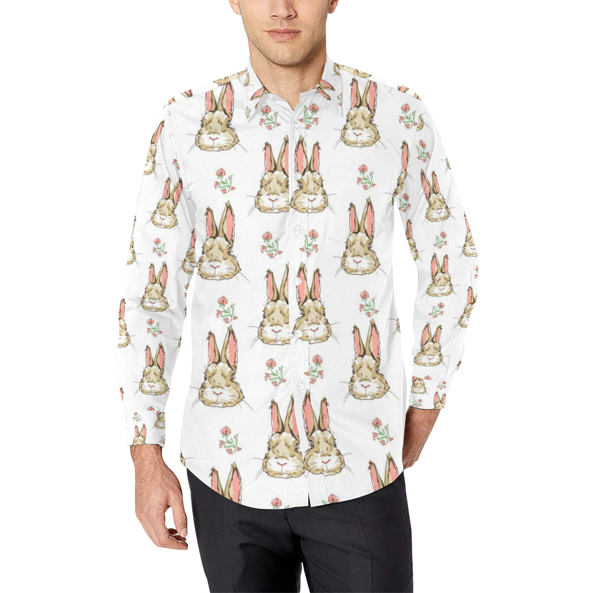 Rabbit Pattern Print Design Rb09 Long Sleeve Dress Shirt